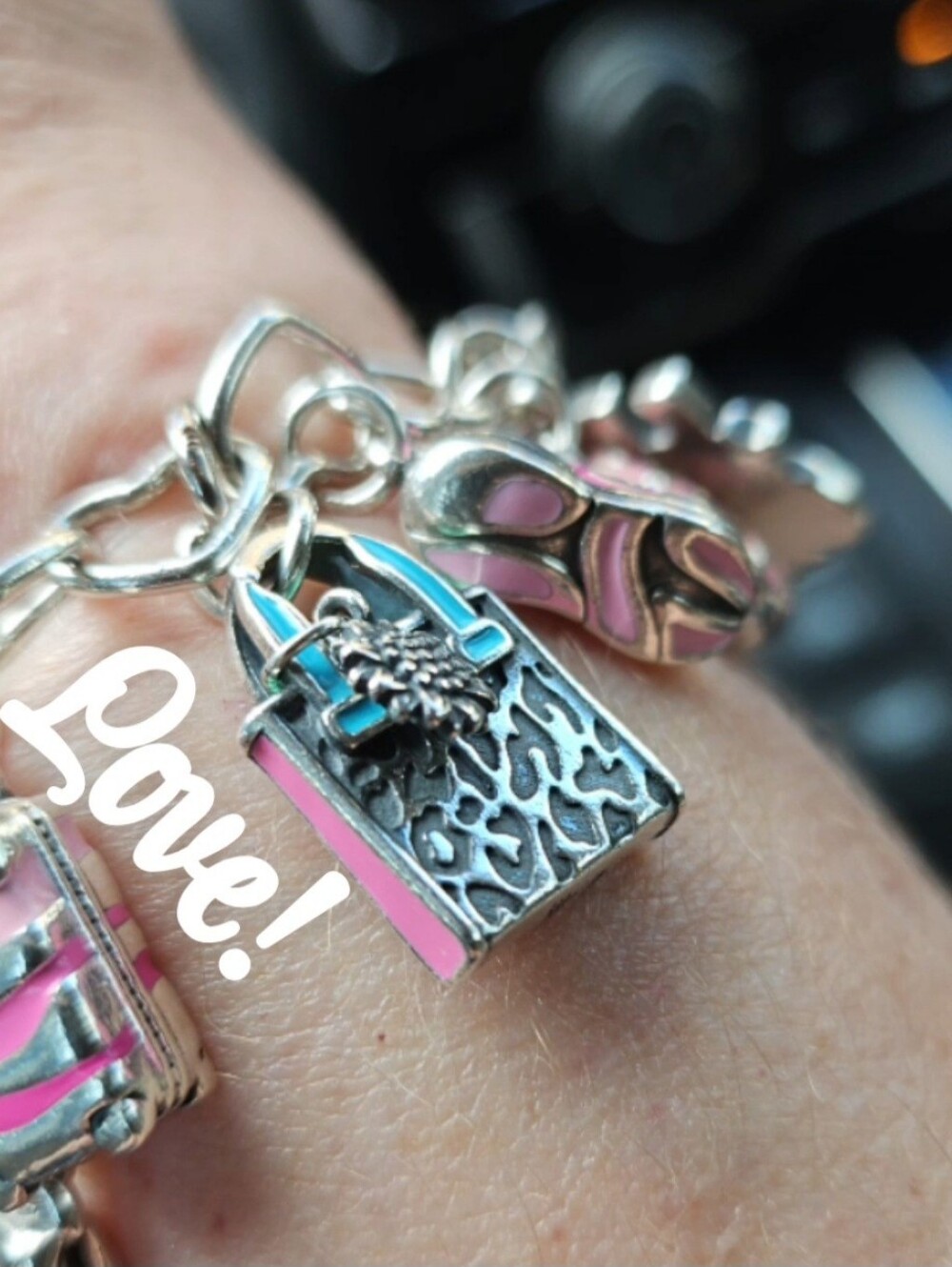 Silver Charm Bracelet with Pink & Blue Purse Charm